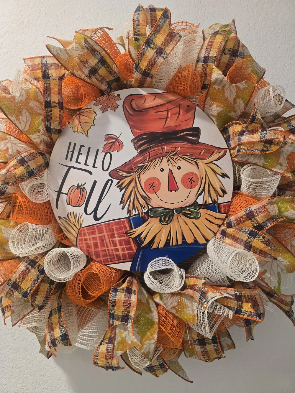W153 Hello Fall Scarecrow Wreath Handmade fall wreath featuring a fun scarecrow